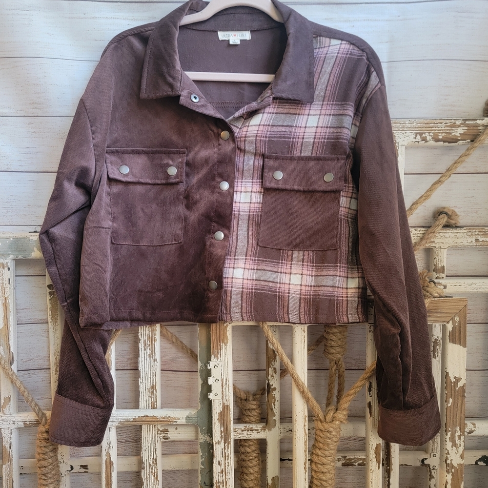 Ultra Flirt Corduroy Plaid Jacket in Brown and Pink-size Large